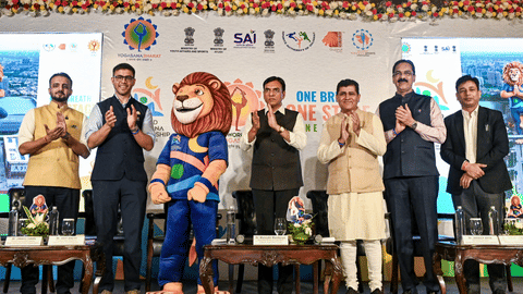 Union Minister Mansukh Mandaviya unveils the jersey during the press conference and launch event of World Yogasana Championship 2026, scheduled to be held from June 4th to 8th in Ahmedabad