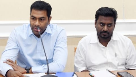 Youth Welfare and Sports Development Minister Aadhav Arjuna and School Education Minister Rajmohan addressing a meeting attended by senior officials from various departments