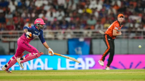 Rajasthan Royals' Ravindra Jadeja, left, reaches the crease during the Indian Premier League (IPL) 2026 T20 Eliminator cricket match between Rajasthan Royals and Sunrisers Hyderabad, in New Chandigarh, Wednesday, May 27, 2026