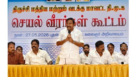 KN Nehru addressing party functionaries in Tiruchy on Wednesday