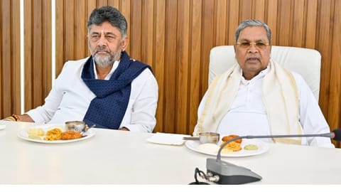 Karnataka Chief Minister Siddaramaiah and Deputy Chief Minister DK Shivakumar during a breakfast meeting at the Chief Minister's official residence