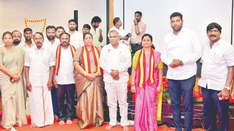 (L-R) S Jayakumar, P Sathyabama, and K Maragatham Kumaravel with TVK general secretary and Minister N Anand and Minister Aadhav Arjuna after resigning as MLAs and joining the ruling TVK on Monday