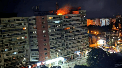 This photo released by Romania’s Department for Emergency Situations shows a re on top of a block of ats after a drone crash caused an explosion and re on impact, in Galati, eastern Romania near the Ukrainian border, Friday May 29, 2026.