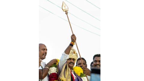 Minister of State in the Ministry of Parliamentary Affairs L Murugan during an election campaign for party candidates ahead of the Assembly elections, in Coimbatore