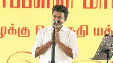 CM Vijay on Monday addressing a public rally in Tiruchirappalli