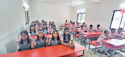 A rebuilt classroom at Government Higher Secondary School, Karaikurichi