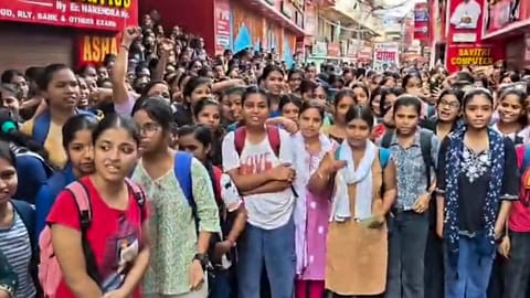 Students stage a protest after a coaching institute of educator Faisal Khan, popularly known as 'Khan Sir', was allegedly vandalised and pelted with stones, in Patna, Wednesday, June 3, 2026