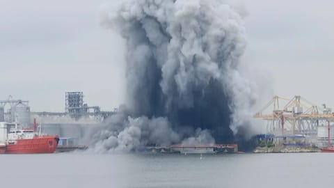 An explosion of sea drone is seen in Constanta port, Romania, Friday, June 5, 2026