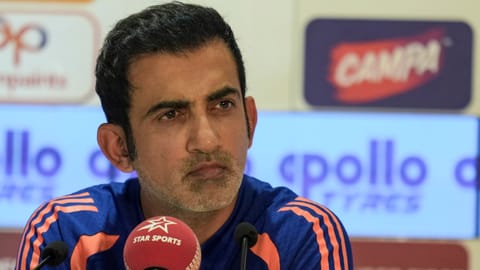 India's head coach Gautam Gambhir addresses a press conference ahead of a Test cricket match against Afghanistan, in Mullanpur, Friday, June 5, 2026
