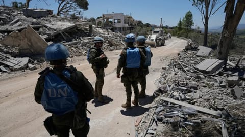 Spanish UN peacekeepers deploy at a road in Dibbine village, southeast Lebanon, Friday, June 5, 2026, a day after Israeli forces withdrew following intense clashes with Hezbollah fighters