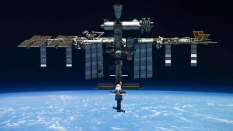 International Space Station from a Russian Soyuz MS-19 spaceship after undocking