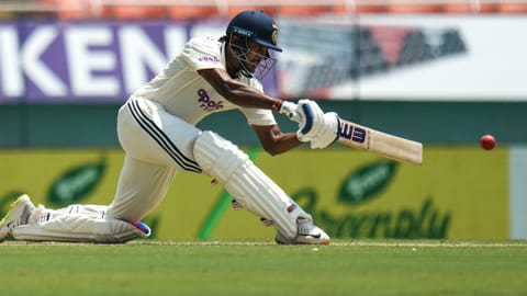 India's Sai Sudharsan plays a shot on day one of a Test cricket match between India and Afghanistan, in Mullanpur, Saturday, June 6, 2026