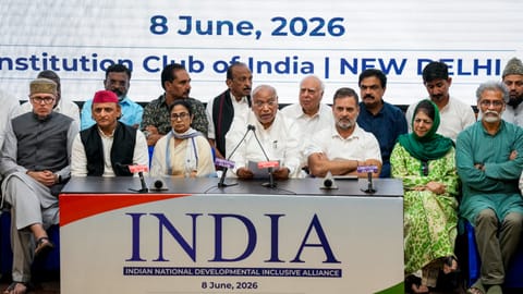 Lok Sabha LoP Rahul Gandhi, Congress President Mallikarjun Kharge, Samajwadi Party MP Akhilesh Yadav, TMC supremo Mamata Banerjee and others during a press conference after the INDIA bloc meeting, in New Delhi, Monday, June 8, 2026