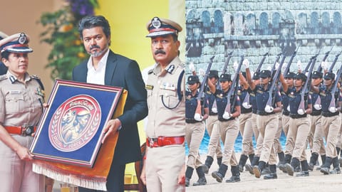 K Bhavaneeswari, IG of police; (right) members of the Singappen Special Force at the inaugural ceremony