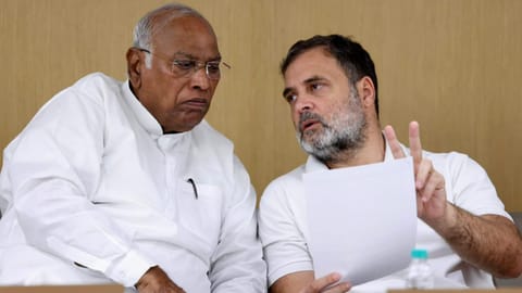 Congress President Mallikarjun Kharge and party leader Rahul Gandhi during a meeting at AICC headquarters, Indira Bhawan, in New Delhi