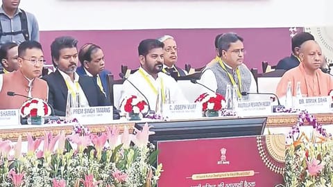 CM Vijay flanked by Telangana’s Revanth Reddy and Sikkin CM Prem Singh Tamang at the Niti Aayog meet