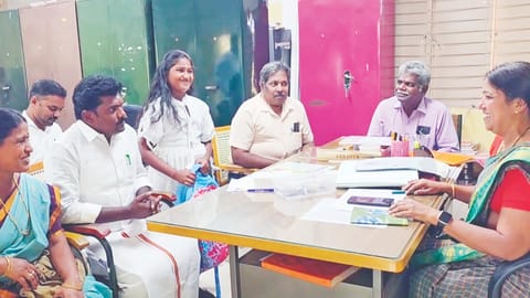 Manamadurai TVK MLA Ilangovan seeking admission for his daughter at the Thirubuvanam government school on Thursday