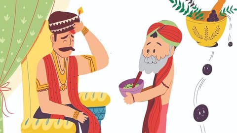 Illustration of the king drinking health portion