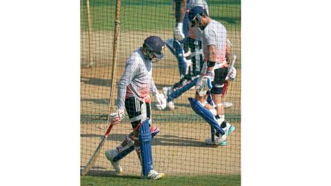 India's Virat Kohli, right, with Rohit Sharma, centre and Prasidh Krishna during a training session ahead of the third ODI cricket match between India and New Zealand, at Holkar Cricket Stadium, in Indore, Madhya Pradesh, Saturday, Jan. 17, 2026