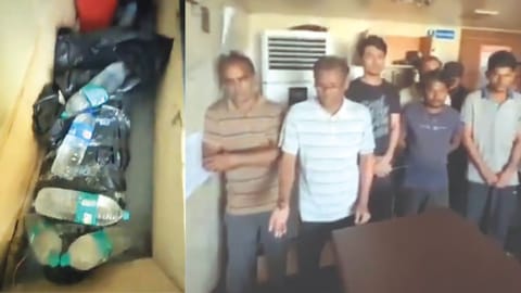 Chilled bottles kept on the body of Second Officer Nishant Urthanathan who died on the ship on June 11; (right) the halpess crew