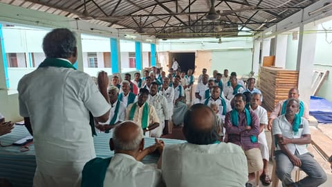 Tamil Nadu Cauvery Farmers Association general secretary PR Pandian addresses farmers during a meeting in Tiruvarur on Monday