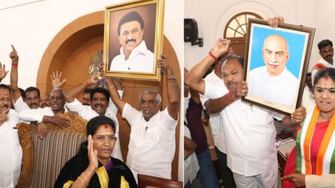 DMK and Congress councillors with photos of former Chief Ministers MK Stalin and K Kamaraj