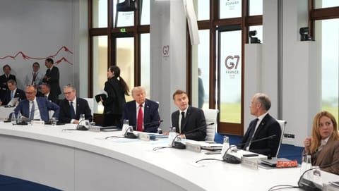 From right, Italian Prime Minister Giorgia Meloni, Canadian Prime Minister Mark Carney, French President Emmanuel Macron, U.S. President Donald Trump, British Prime Minister Keir Starmer, German Chancellor Friedrich Merz during a working session at the G7 summit in Evian-les-Bains