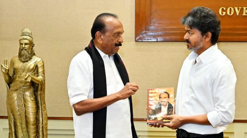 Tamil Nadu Chief Minister Joseph Vijay during a meeting with MDMK General Secretary Vaiko