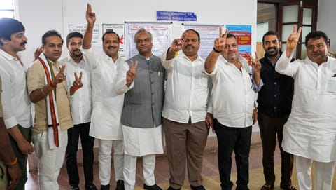 Karnataka Cabinet Ministers Priyank Kharge, UT Khader and others during the biennial elections to seven seats of the Karnataka Legislative Council, at Vidhana Soudha, in Bengaluru