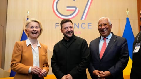 Ukrainian President Volodymyr Zelenskyy meets with European Commission President Ursula von der Leyen and European Council President Antonio Costa at the
G7 summit in Evian-les-Bains, France