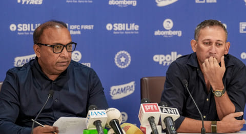 Board of Control for Cricket in India (BCCI) chief selector Ajit Agarkar, right, and Secretary Devajit Saikia address a press conference after the Men's Selection Committee meeting, at BCCI headquarters, in Mumbai, Saturday, June 6, 2026