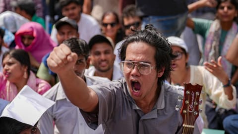 Cockroach Janta Party (CJP) supporters during a protest over alleged examination irregularities, repeated paper leaks and demands for accountability from the government
