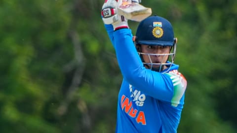 India's Vaibhav Sooryavanshi plays a shot during the fifth match between India A and Afghanistan A in the Tri-Nation