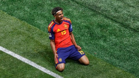 Spain's Lamine Yamal celebrates after scoring the opening goal against Saudi Arabia during the World Cup Group H soccer match in Atlanta, Sunday, June 21, 2026