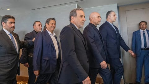 Minister of Foreign Affairs of Iran, Seyyed Abbas Araghchi, 3rd from right, and Speaker of the Islamic Parliament of Iran, Mohammed Bagher Ghalibaf, 2nd from right, with the Delegation of Iran at the Lake Lucerne Summit at the Buergenstock resort in Obbuergen, near Lucerne, Switzerland