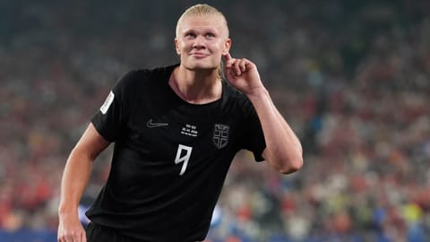 Norway's Erling Haaland (9) celebrates after scoring their third goal during the World Cup Group I soccer match between Norway and Senegal in East Rutherford