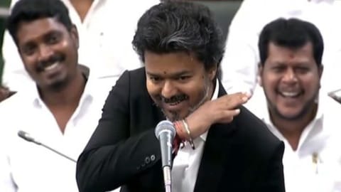 Vijay imitating Stalin’s gesture, in the Assembly on Tuesday