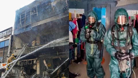 (L) At least 15 people were killed after a massive fire swept through a three-storey commercial building, (R) NDRF personnel arrive at a seafood export unit following an ammonia gas leak