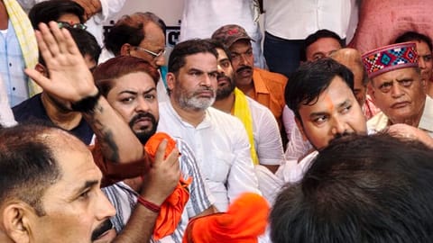 Jan Suraaj party chief Prashant Kishor meets the family members of Bharat Bhushan Tiwari, who was recently killed in a police encounter, at Bilauti village in Bhojpur district, Bihar, Wednesday, June 24, 2026