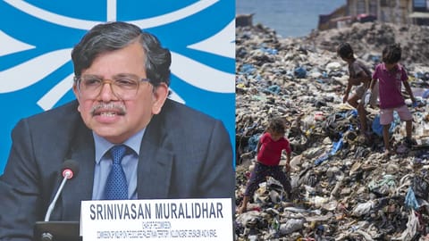 (L) Justice Srinivasan Muralidhar, (R) Palestinian kids sort through trash at a landfill in Nuseirat refugee camp