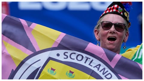 A Scotland fan reacts ahead of the World Cup Group C soccer match between Scotland and Brazil in Miami Gardens, Fla.