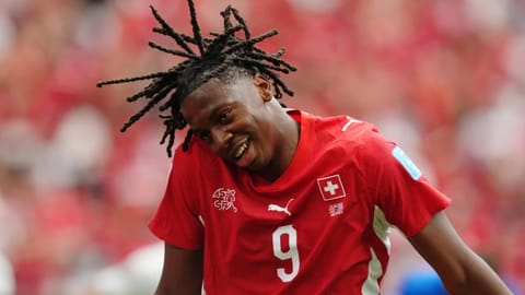 Switzerland's Johan Manzambi (9) celebrates scoring their second goal during the World Cup Group B soccer match between Switzerland and Canada in Vancouver
