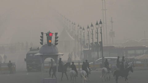 The President's Bodyguards (PSG) at Vijay Chowk on a smoggy winter morning, in New Delhi, Wednesday, Dec. 17, 2025