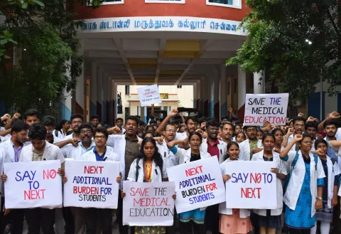 Medical students at Stanley Medical College & Hospital held a black-badge protest on Tuesday