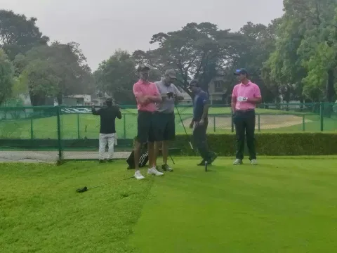 Waiting to tee off: From left, Hari Maoj Giri, Chummar Verghese and Kshitij Naveed Kaul