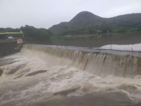 The Pullur check dam on AP border surplussing and water is seen flowing into Palar river near Vaniyambadi