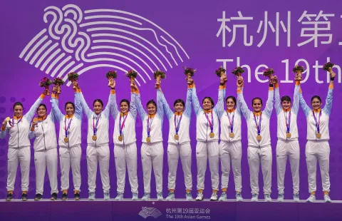 A jubilant Indian women’s Kabaddi team