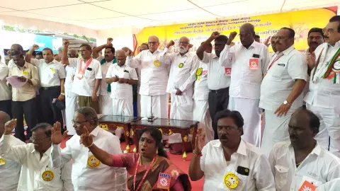 M Shanmugham leads protest by central trade unions and farmers’ associations on Monday