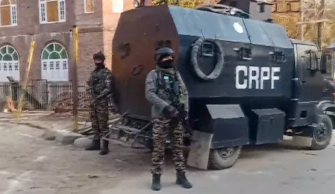 Security personnel stand guard after an encounter broke out between forces and terrorists (File photo)