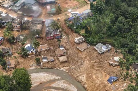 An aerial view of the landslide-hit areas in Wayanad
